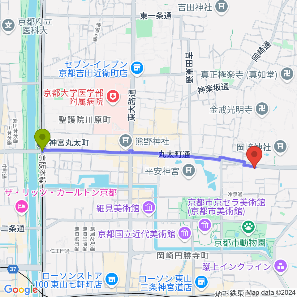 神宮丸太町駅から京都岡崎ナムホールへのルートマップ地図