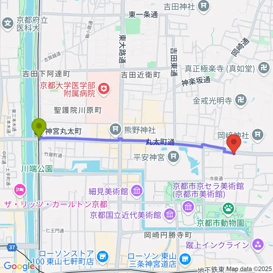 神宮丸太町駅から京都岡崎ナムホールへのルートマップ地図