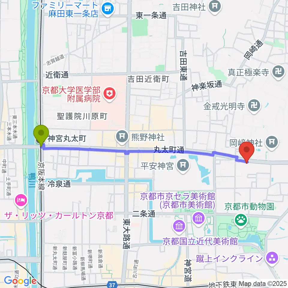神宮丸太町駅から京都岡崎ナムホールへのルートマップ地図