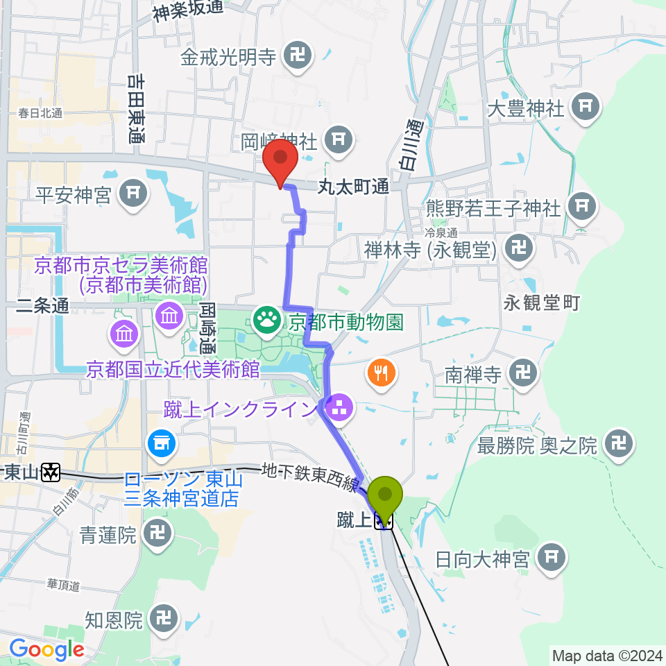 京都岡崎ナムホールの最寄駅蹴上駅からの徒歩ルート（約17分）地図