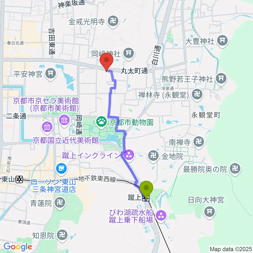 京都岡崎ナムホールの最寄駅蹴上駅からの徒歩ルート（約17分）地図