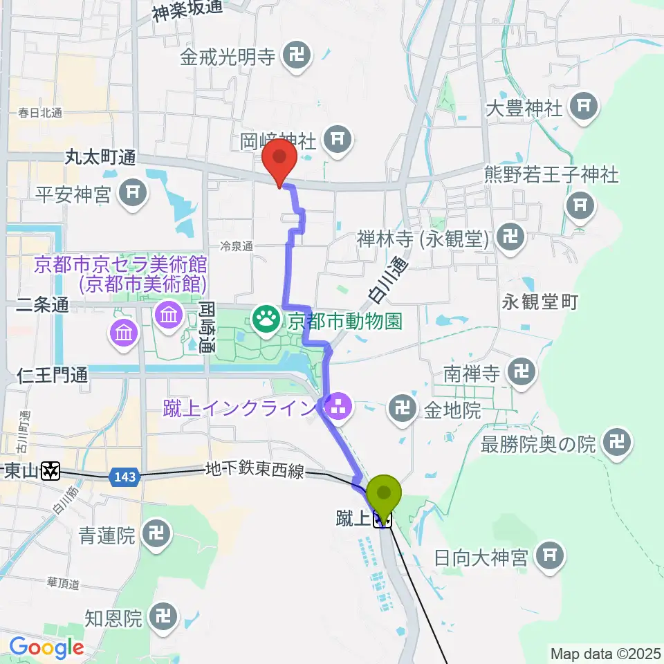 京都岡崎ナムホールの最寄駅蹴上駅からの徒歩ルート（約17分）地図