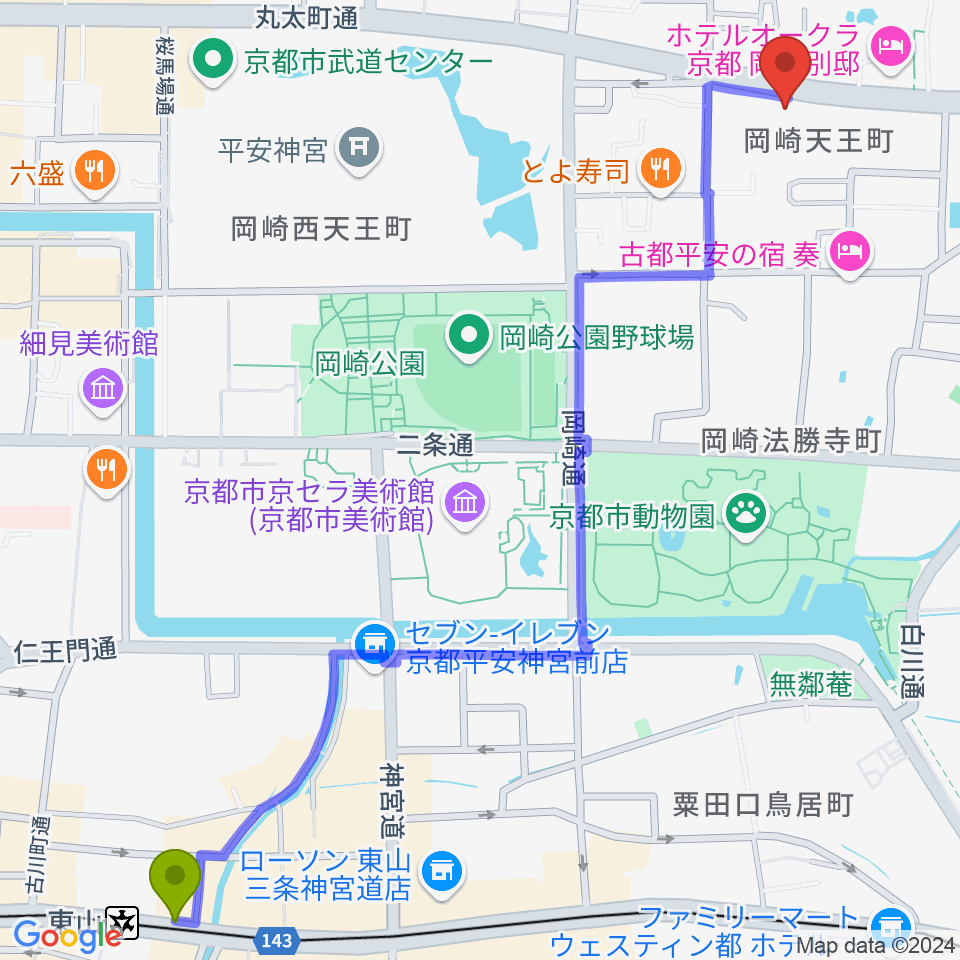 東山駅から京都岡崎ナムホールへのルートマップ地図