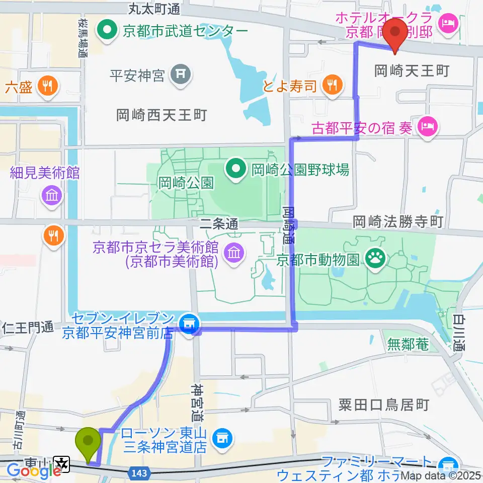 東山駅から京都岡崎ナムホールへのルートマップ地図