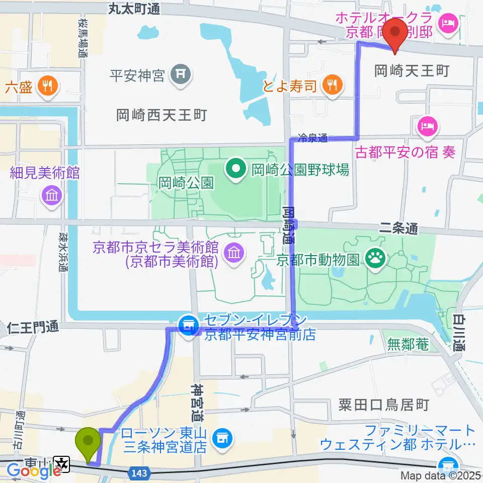 東山駅から京都岡崎ナムホールへのルートマップ地図