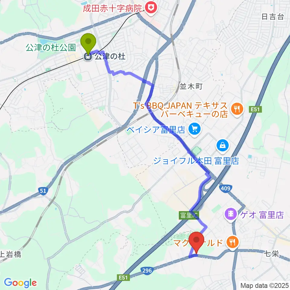 野平工房の最寄駅公津の杜駅からの徒歩ルート（約48分）地図