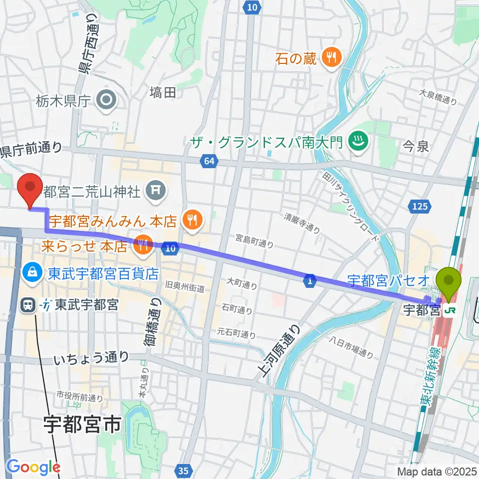 宇都宮駅からJazz Spot 近代人へのルートマップ地図