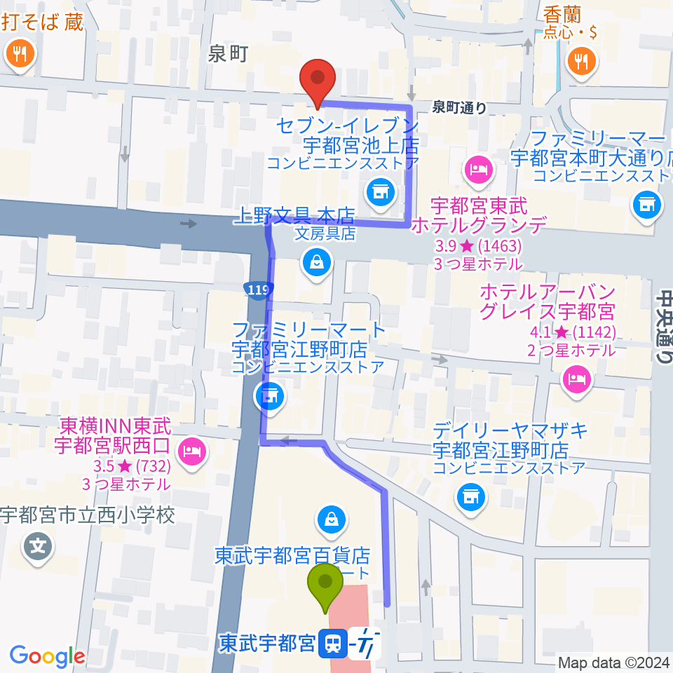 Jazz Spot 近代人の最寄駅東武宇都宮駅からの徒歩ルート（約6分）地図