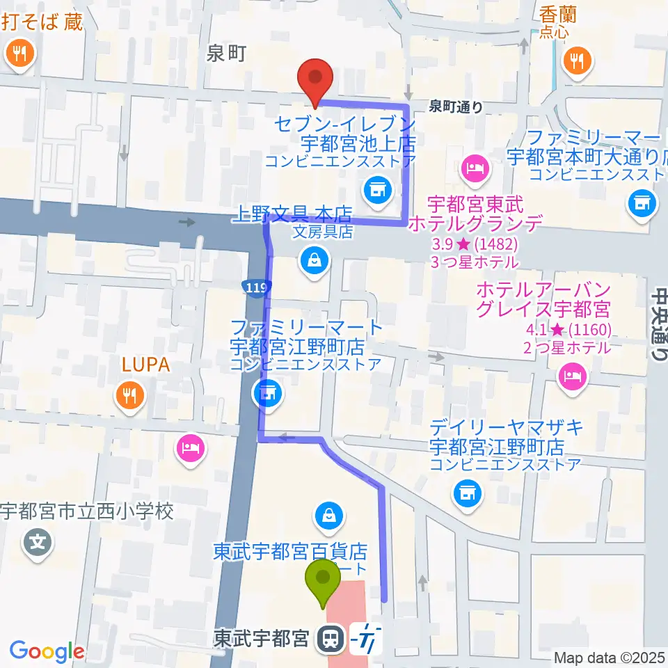 Jazz Spot 近代人の最寄駅東武宇都宮駅からの徒歩ルート（約6分）地図