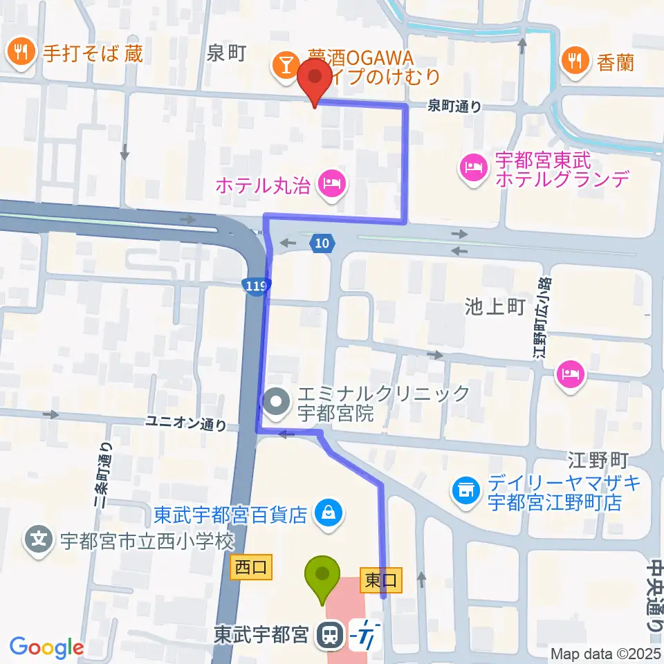 Jazz Spot 近代人の最寄駅東武宇都宮駅からの徒歩ルート（約6分）地図