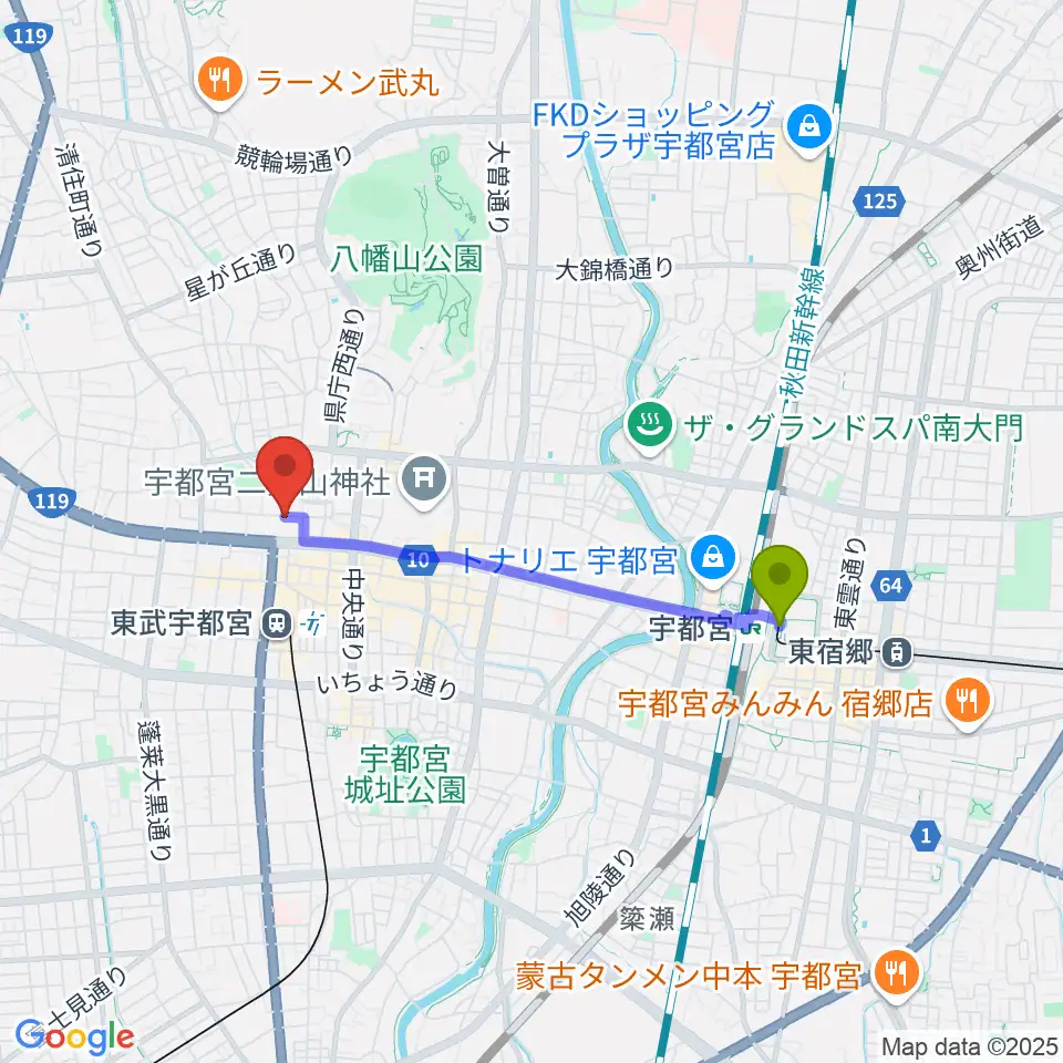 宇都宮駅東口駅からJazz Spot 近代人へのルートマップ地図