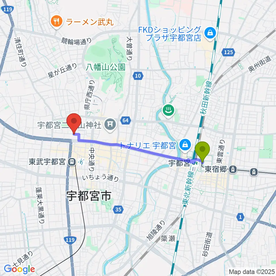 宇都宮駅東口駅からJazz Spot 近代人へのルートマップ地図