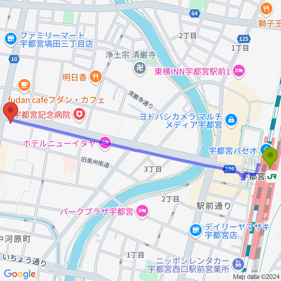 宇都宮駅からブロンコ宇都宮へのルートマップ地図