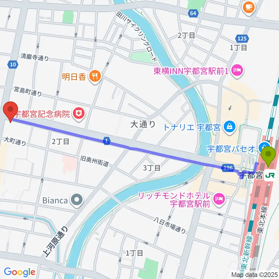 宇都宮駅からブロンコ宇都宮へのルートマップ地図