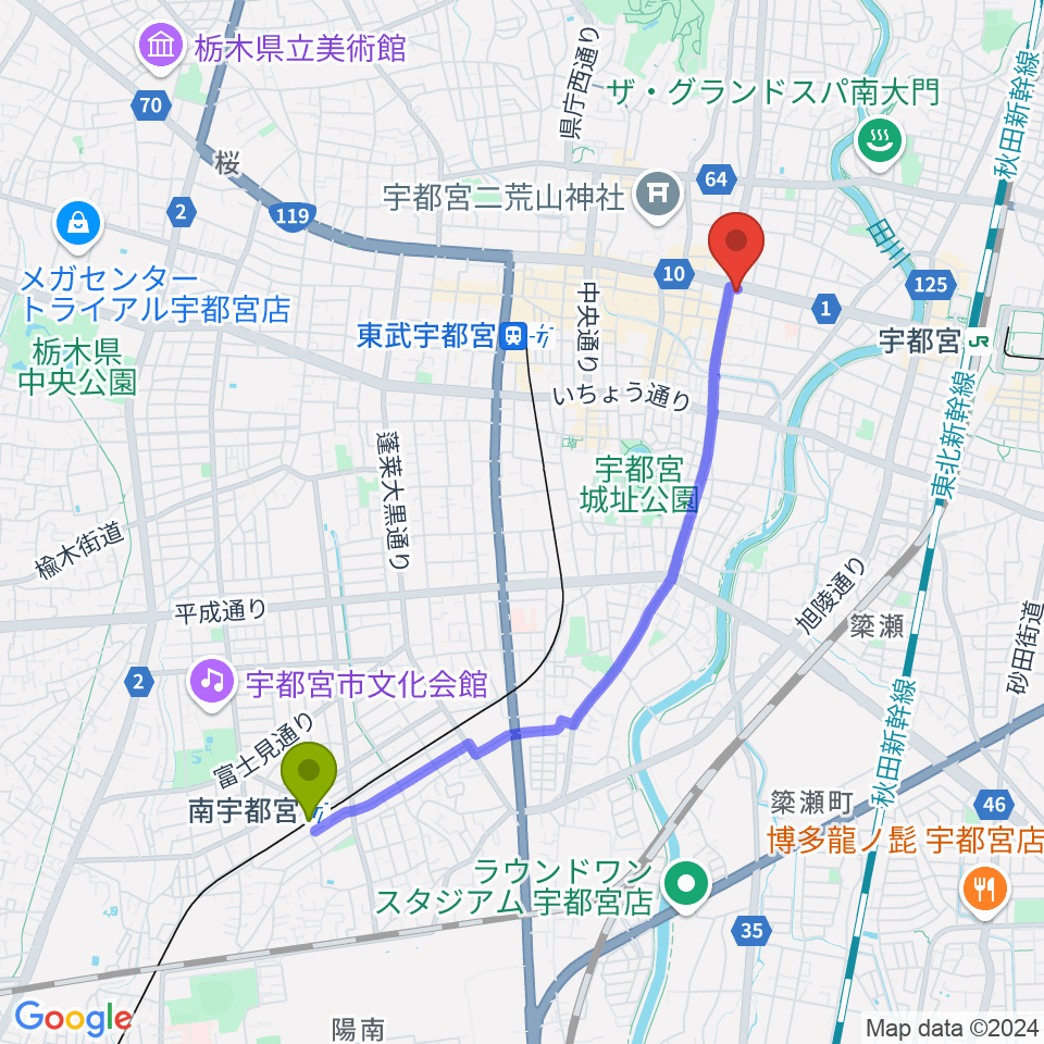 南宇都宮駅からブロンコ宇都宮へのルートマップ地図