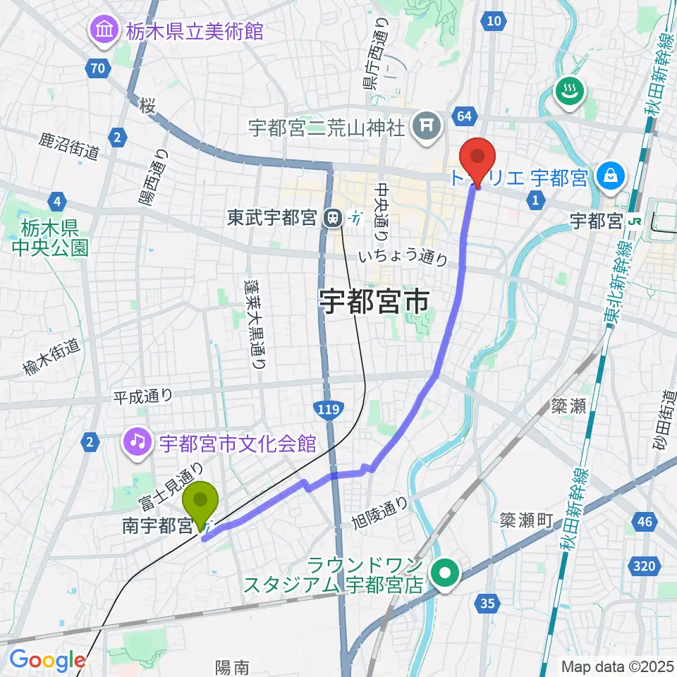 南宇都宮駅からブロンコ宇都宮へのルートマップ地図