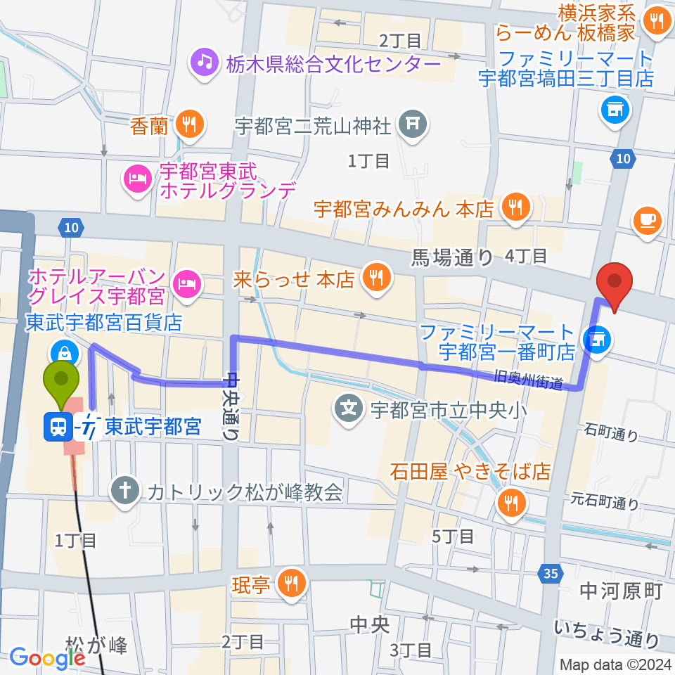 ブロンコ宇都宮の最寄駅東武宇都宮駅からの徒歩ルート（約13分）地図