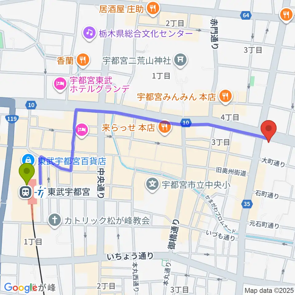 ブロンコ宇都宮の最寄駅東武宇都宮駅からの徒歩ルート（約13分）地図