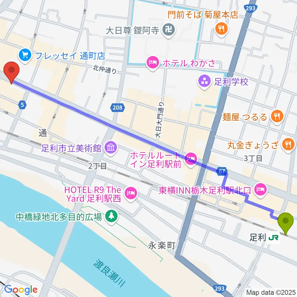 足利駅からJAZZ 屋根裏へのルートマップ地図