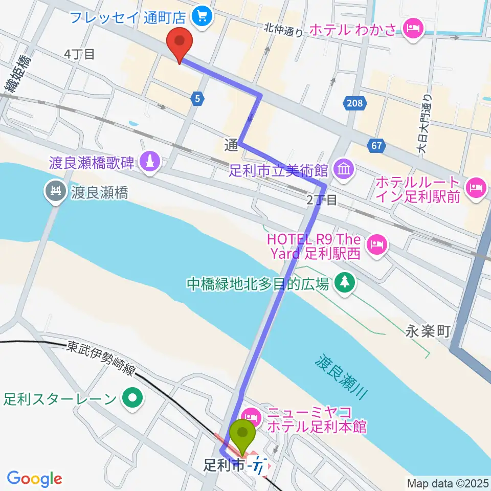 JAZZ 屋根裏の最寄駅足利市駅からの徒歩ルート（約12分）地図