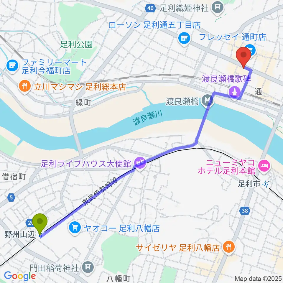 野州山辺駅からJAZZ 屋根裏へのルートマップ地図