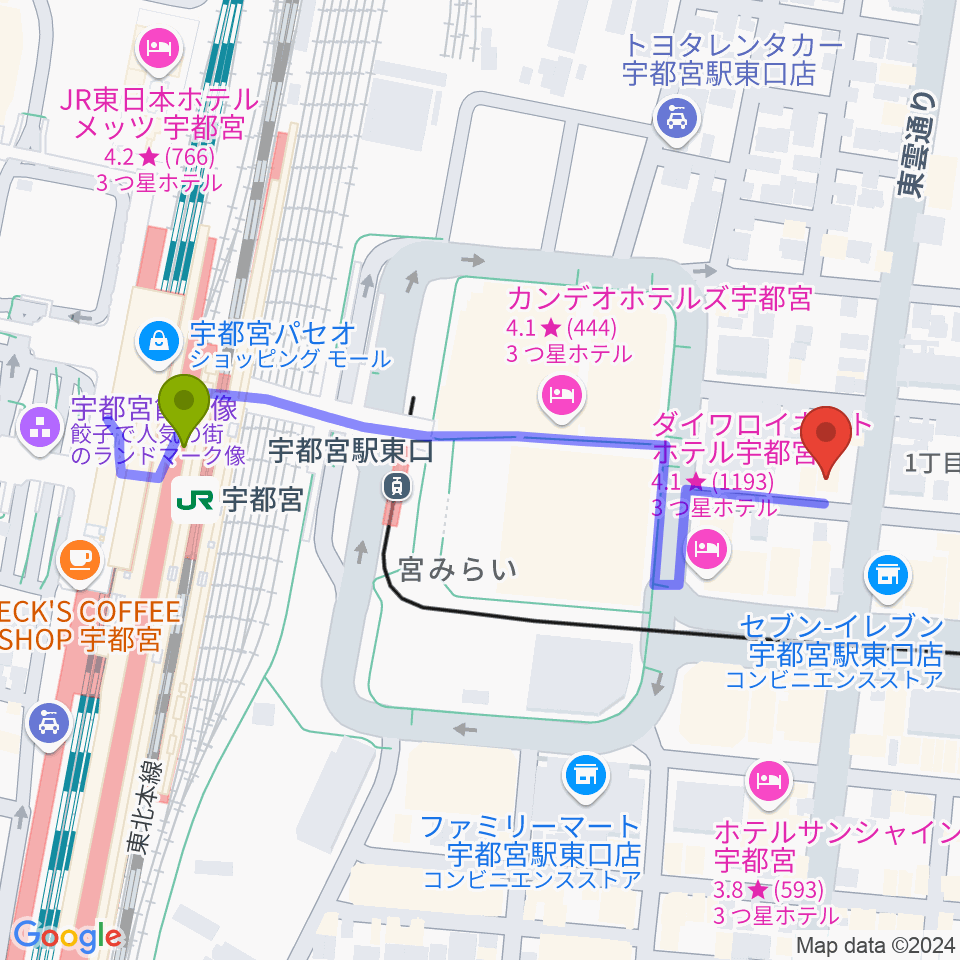 宇都宮インダルスドリームの最寄駅宇都宮駅からの徒歩ルート（約5分）地図