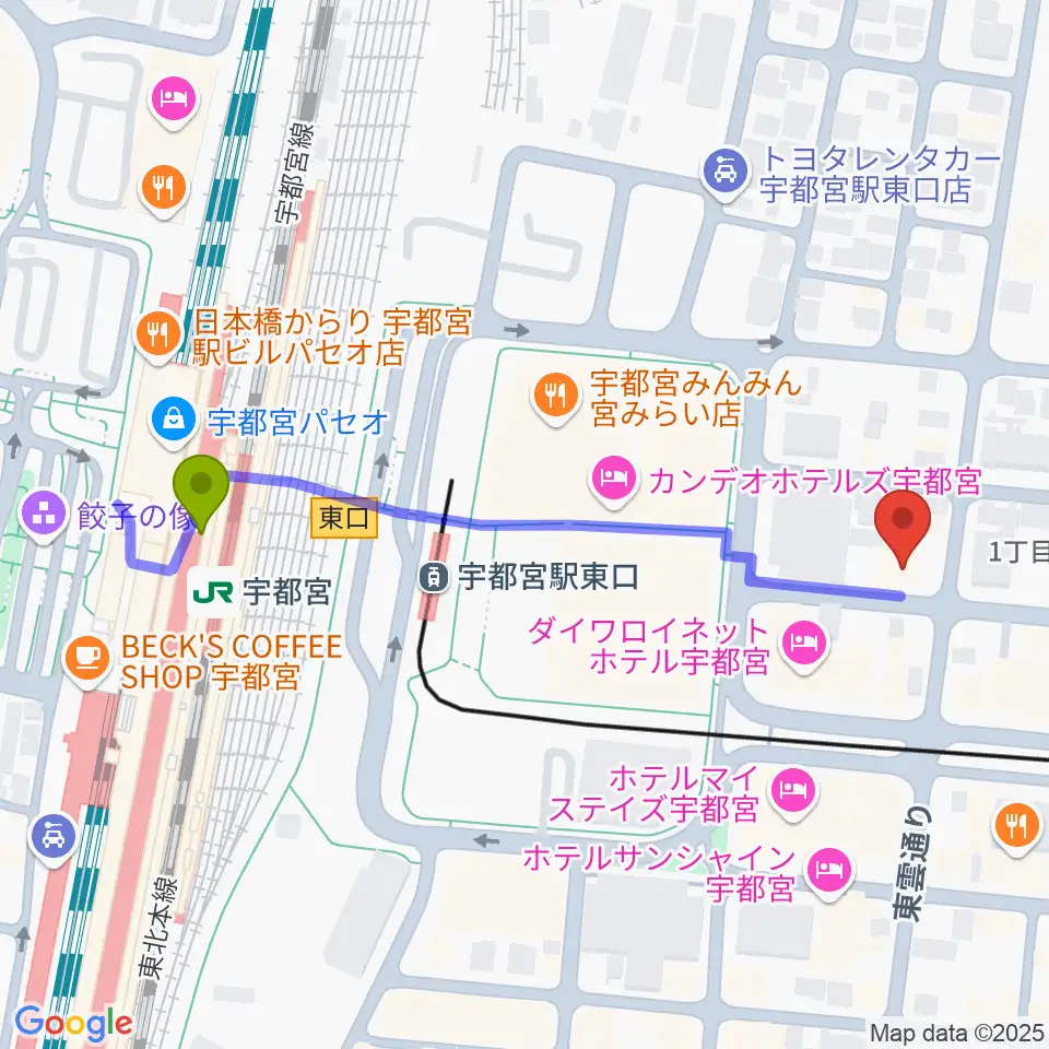 宇都宮インダルスドリームの最寄駅宇都宮駅からの徒歩ルート（約5分）地図