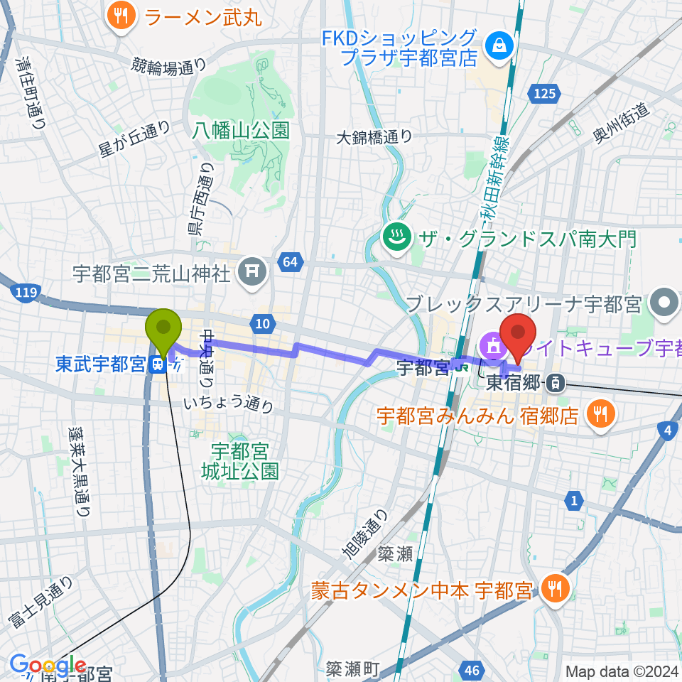 東武宇都宮駅から宇都宮インダルスドリームへのルートマップ地図