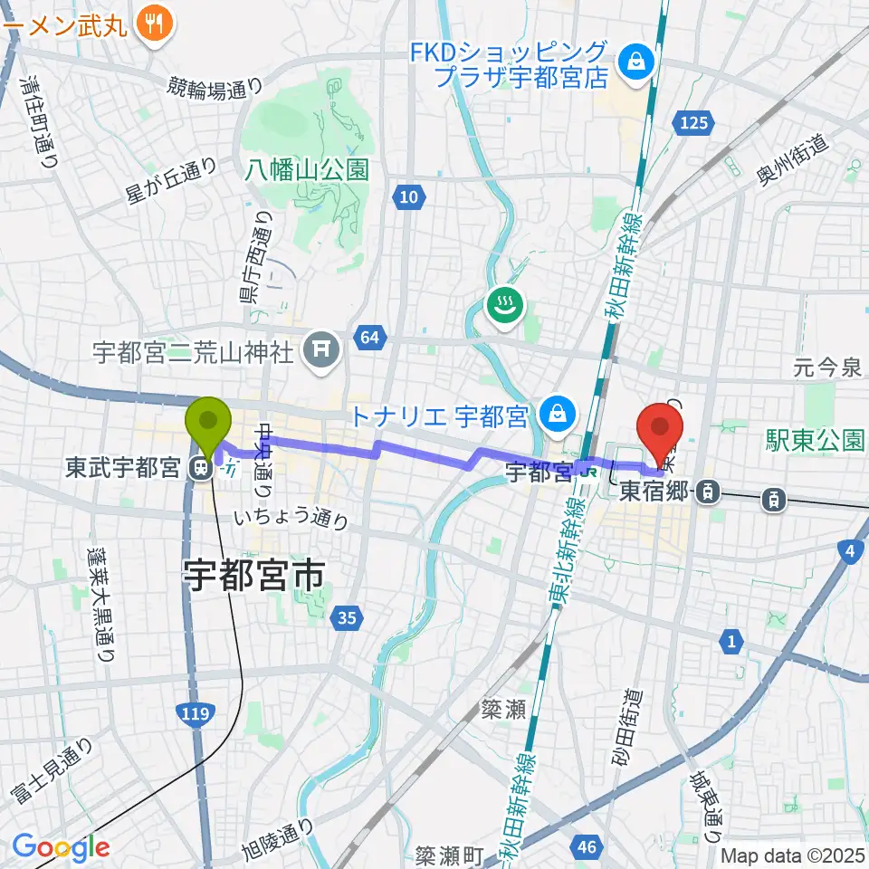 東武宇都宮駅から宇都宮インダルスドリームへのルートマップ地図