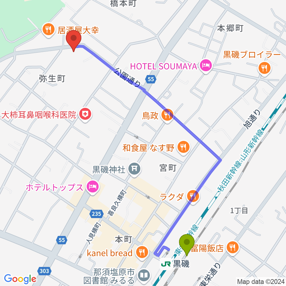 黒磯Time’s Cafeの最寄駅黒磯駅からの徒歩ルート（約12分）地図