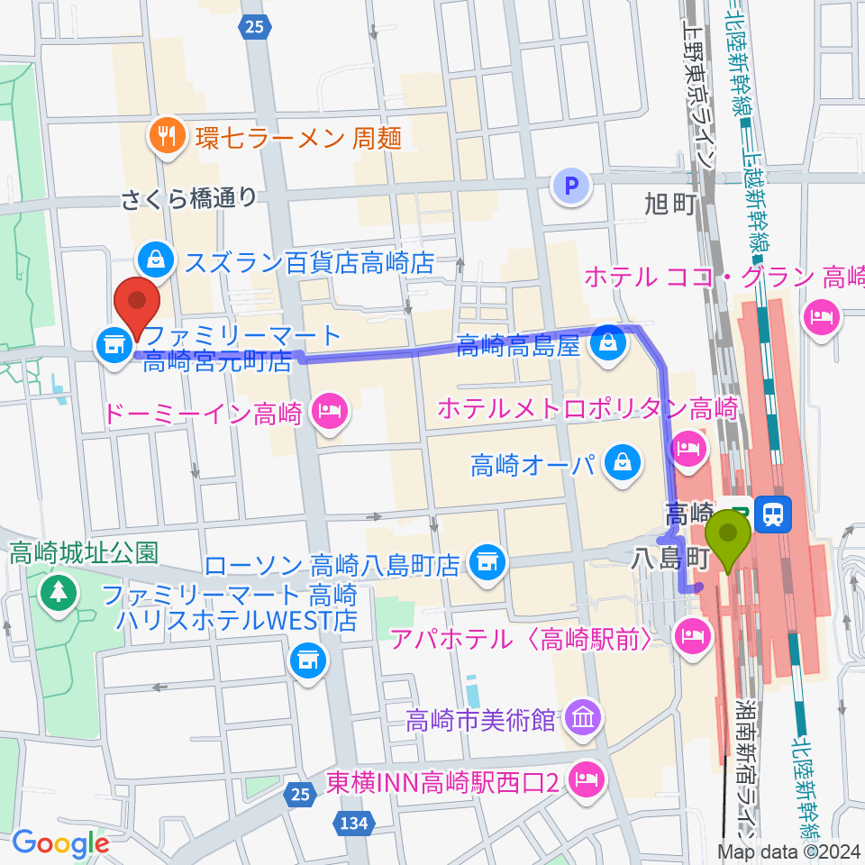 高崎エルフリオの最寄駅高崎駅からの徒歩ルート（約11分）地図