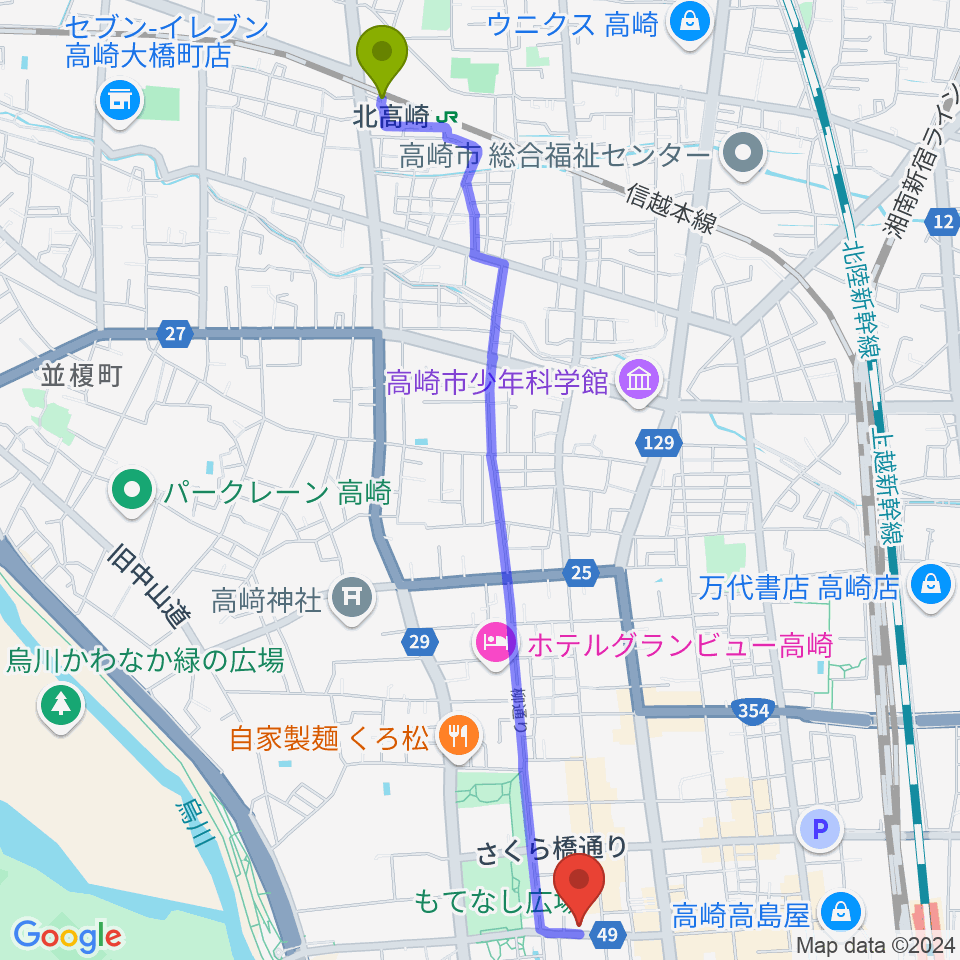 北高崎駅から高崎エルフリオへのルートマップ地図