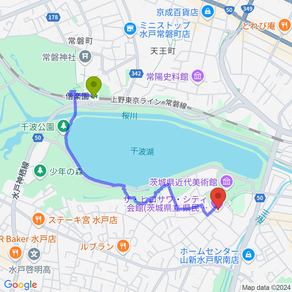 ザ・ヒロサワ・シティ会館の最寄駅偕楽園駅からの徒歩ルート（約18分）地図