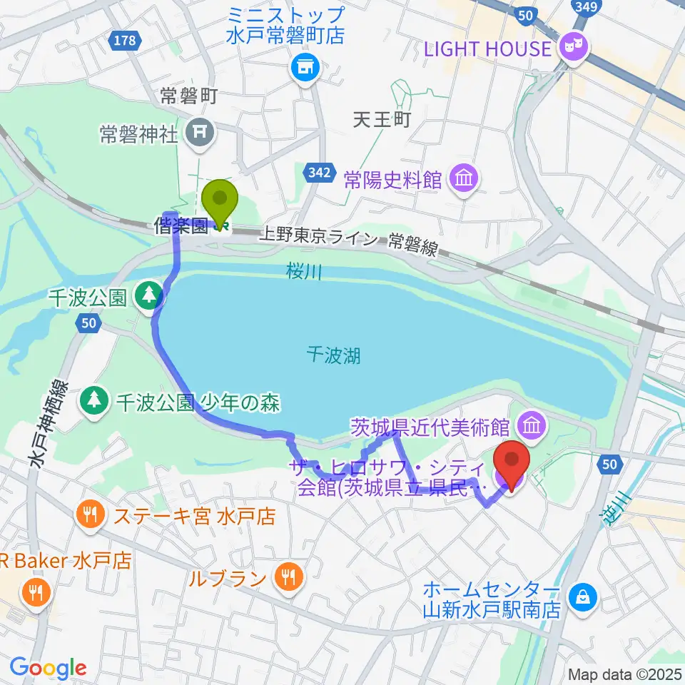 ザ・ヒロサワ・シティ会館の最寄駅偕楽園駅からの徒歩ルート（約18分）地図