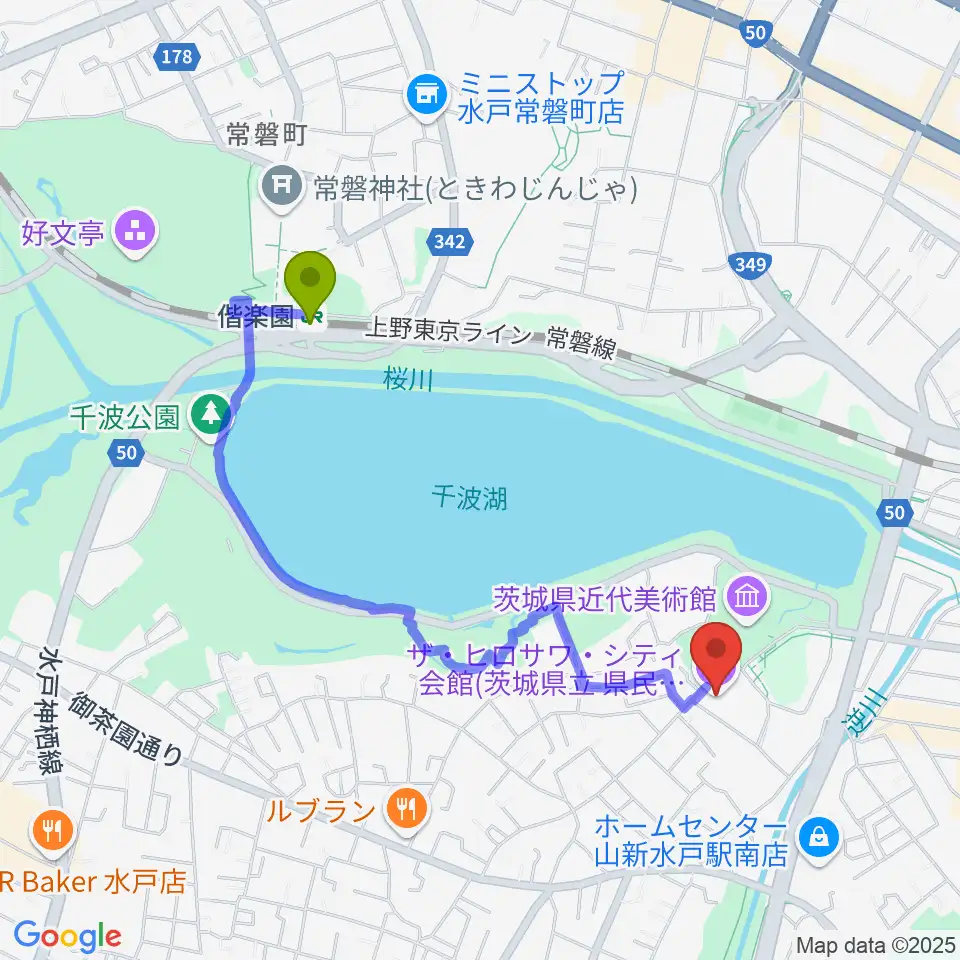 ザ・ヒロサワ・シティ会館の最寄駅偕楽園駅からの徒歩ルート（約18分）地図