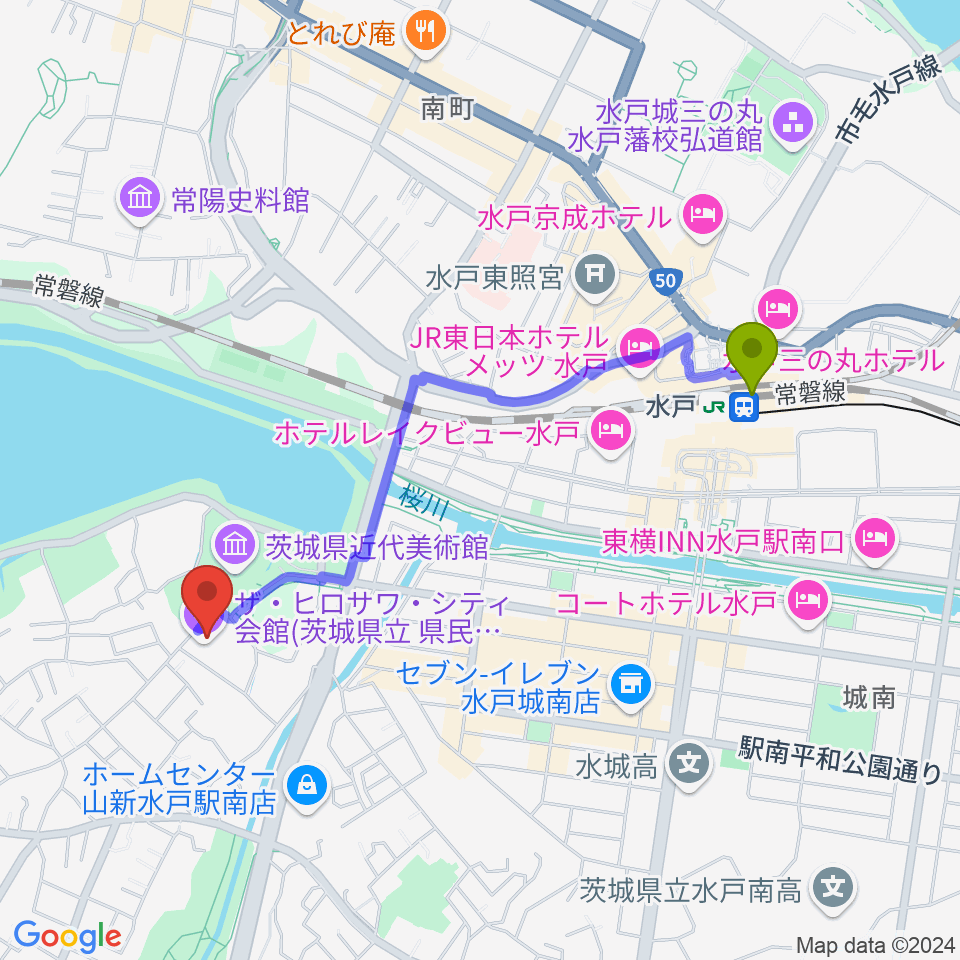 水戸駅からザ・ヒロサワ・シティ会館へのルートマップ地図