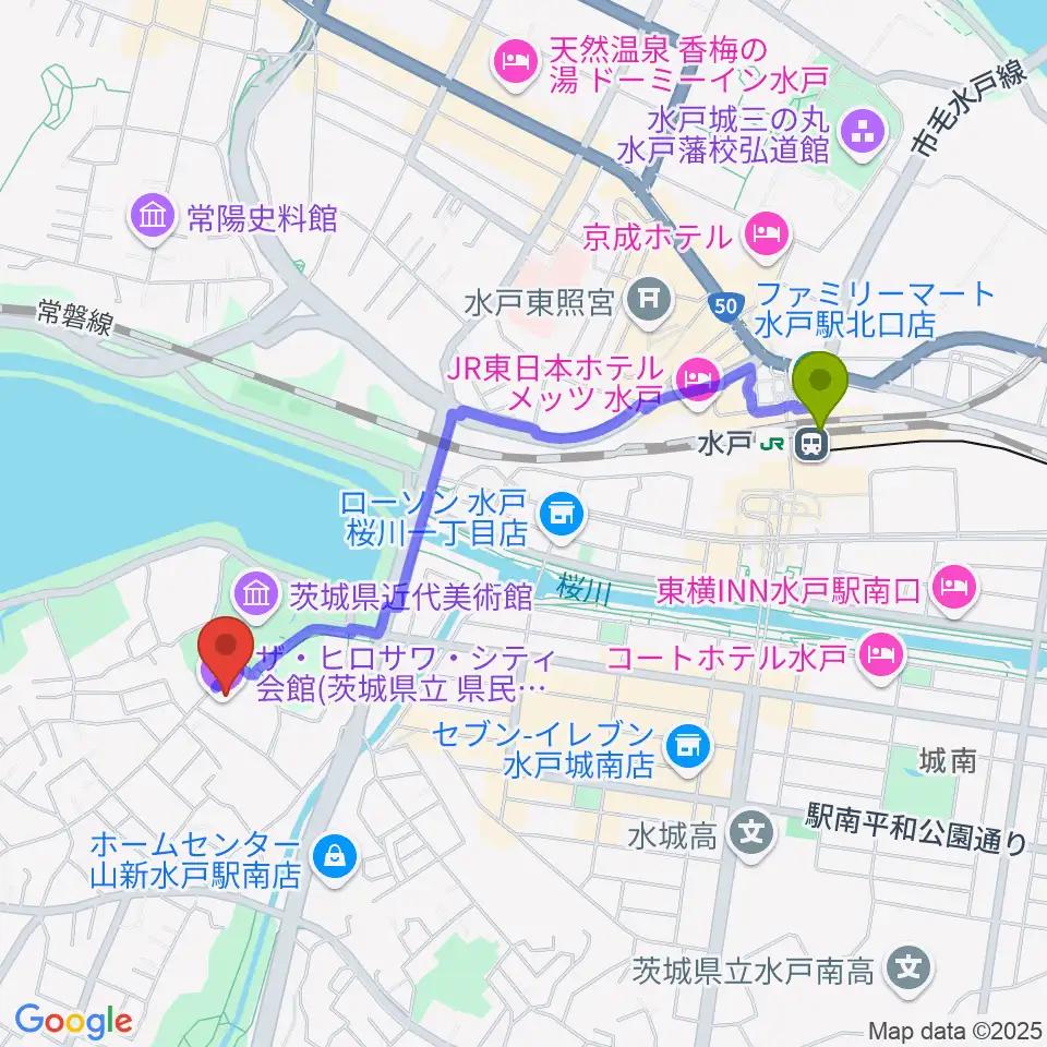 水戸駅からザ・ヒロサワ・シティ会館へのルートマップ地図