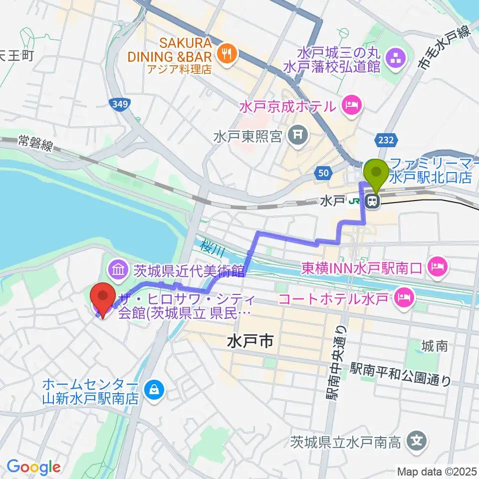 水戸駅からザ・ヒロサワ・シティ会館へのルートマップ地図