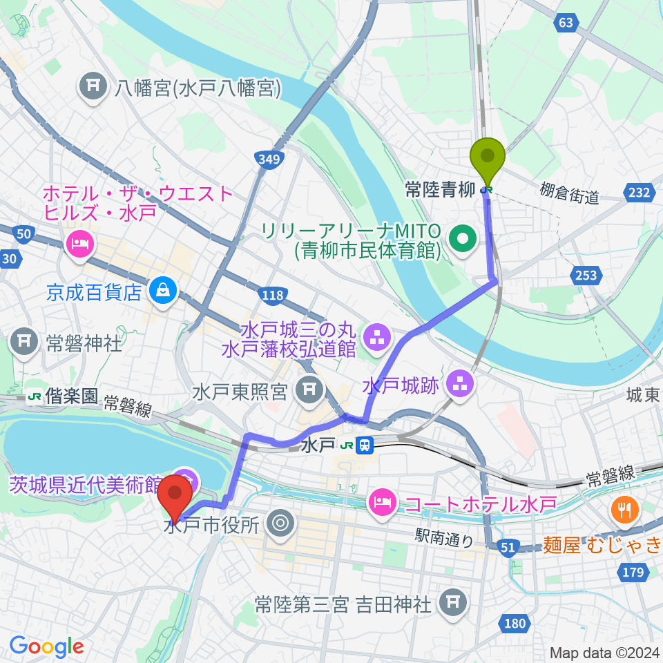 常陸青柳駅からザ・ヒロサワ・シティ会館へのルートマップ地図