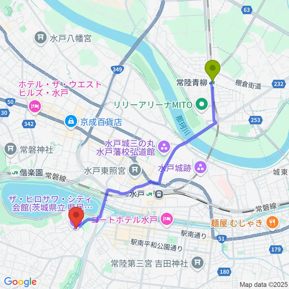 常陸青柳駅からザ・ヒロサワ・シティ会館へのルートマップ地図