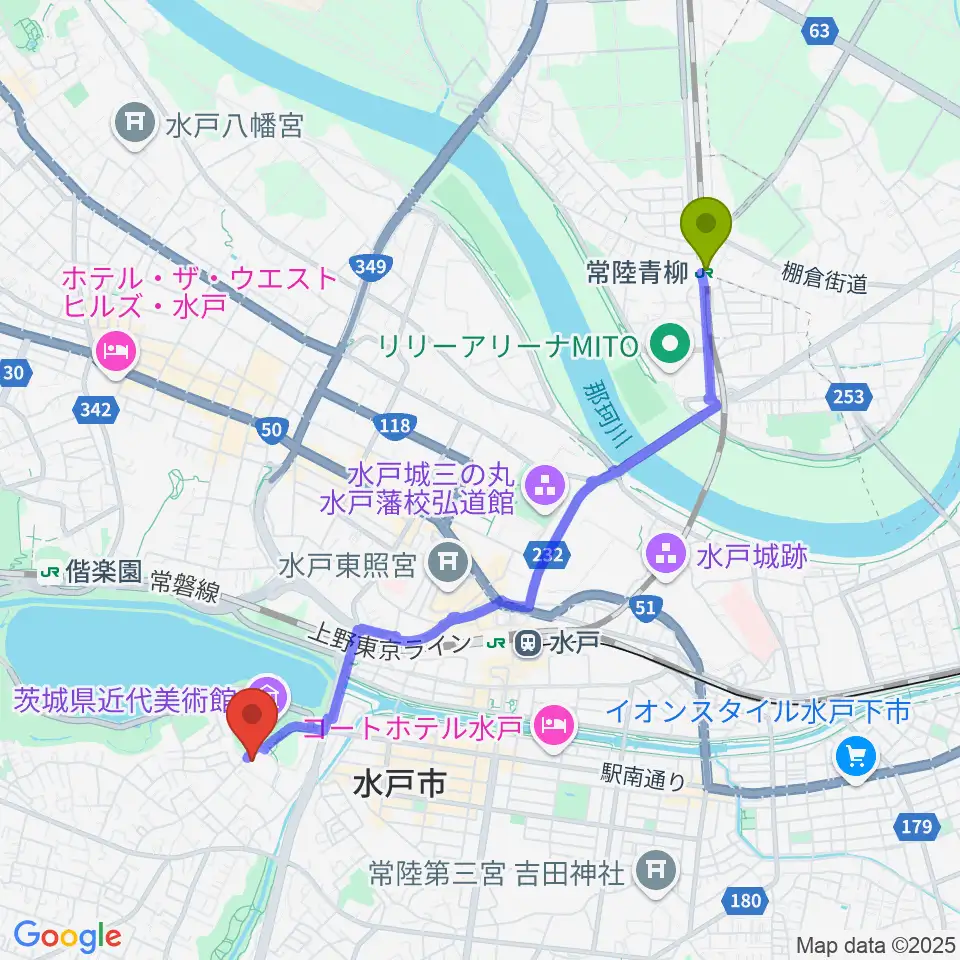 常陸青柳駅からザ・ヒロサワ・シティ会館へのルートマップ地図