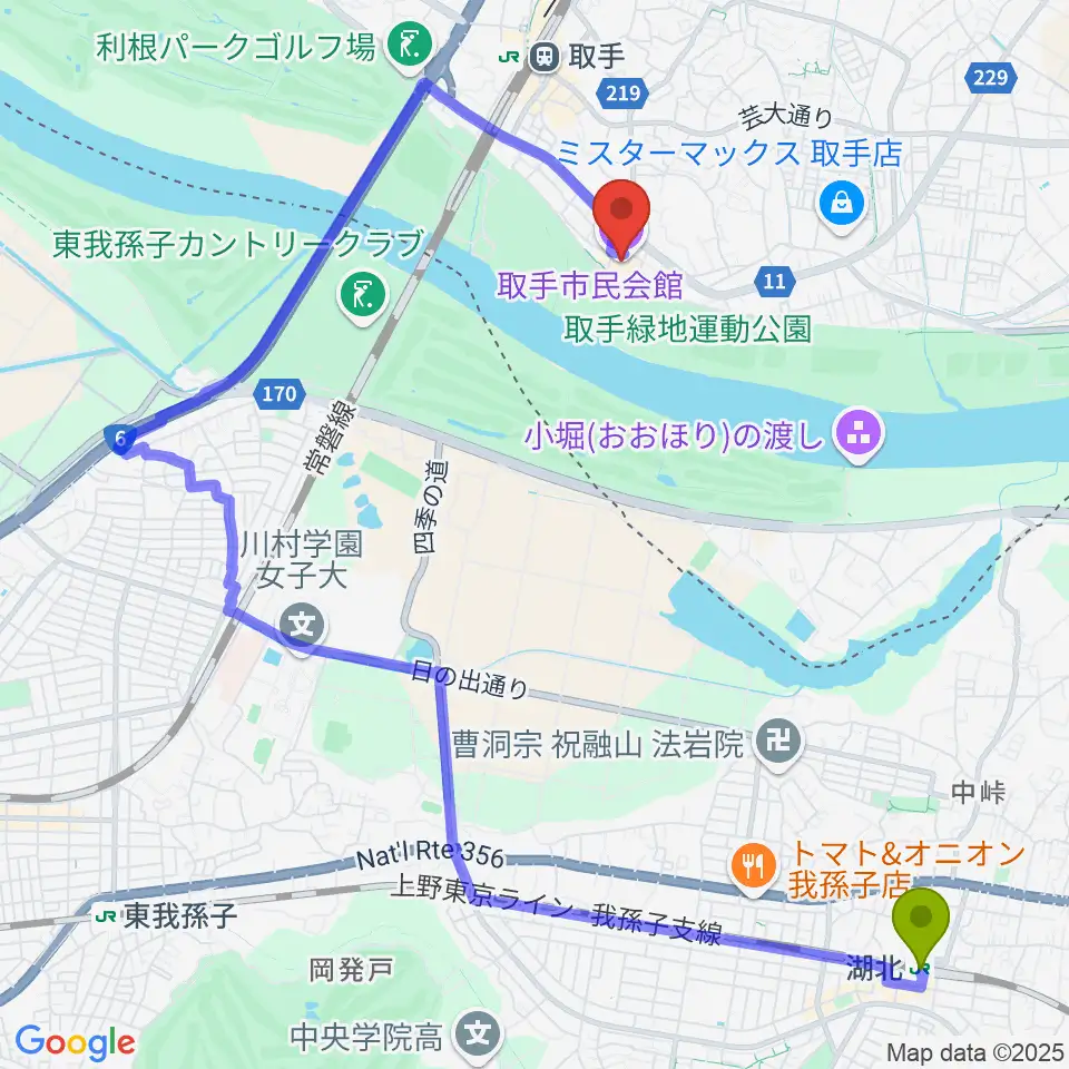 湖北駅から取手市民会館へのルートマップ地図