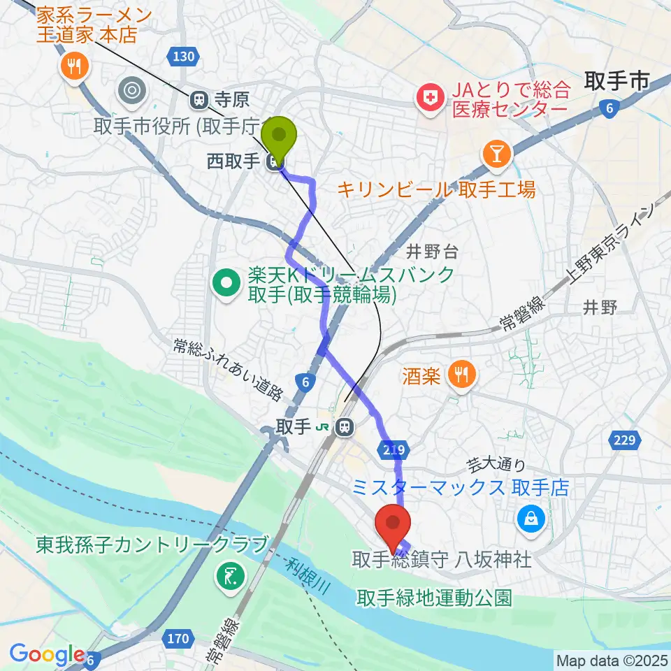 西取手駅から取手市民会館へのルートマップ地図