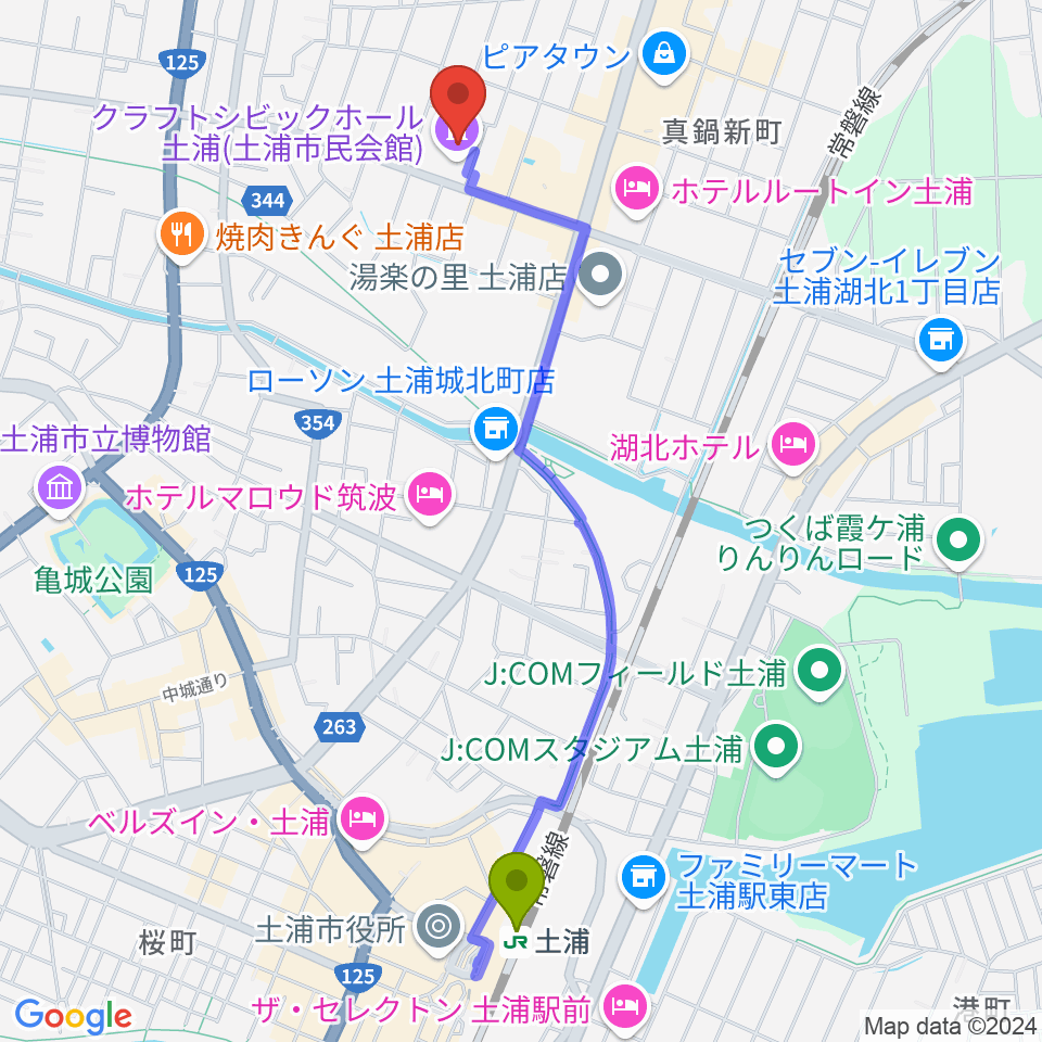 クラフトシビックホール土浦の最寄駅土浦駅からの徒歩ルート（約23分）地図