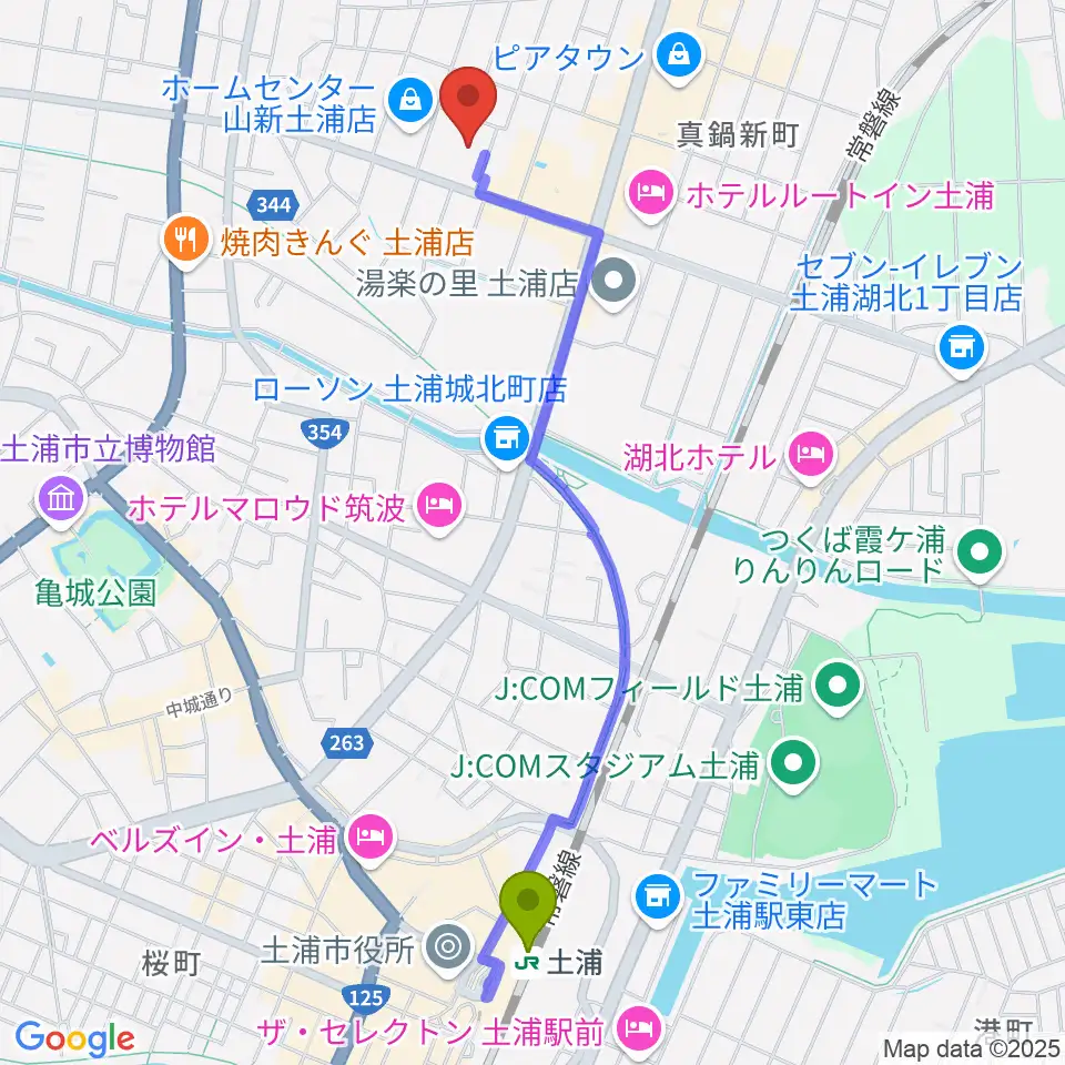 クラフトシビックホール土浦の最寄駅土浦駅からの徒歩ルート（約23分）地図