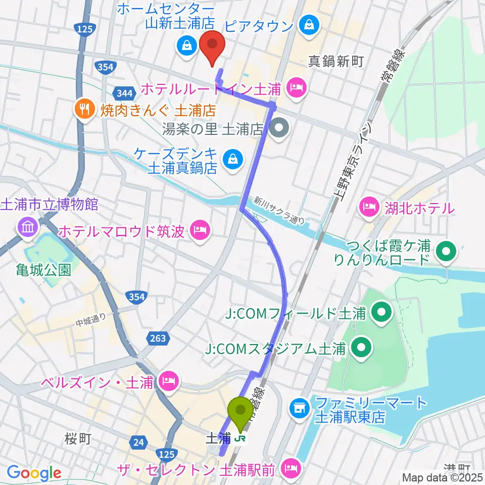 クラフトシビックホール土浦の最寄駅土浦駅からの徒歩ルート（約23分）地図
