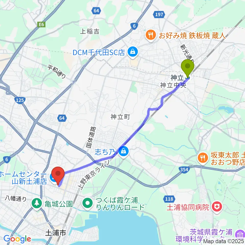 神立駅からクラフトシビックホール土浦へのルートマップ地図