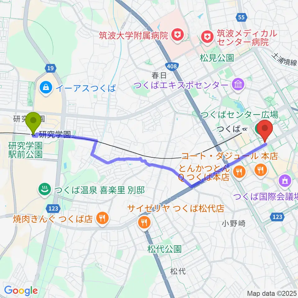 研究学園駅からノバホールへのルートマップ地図