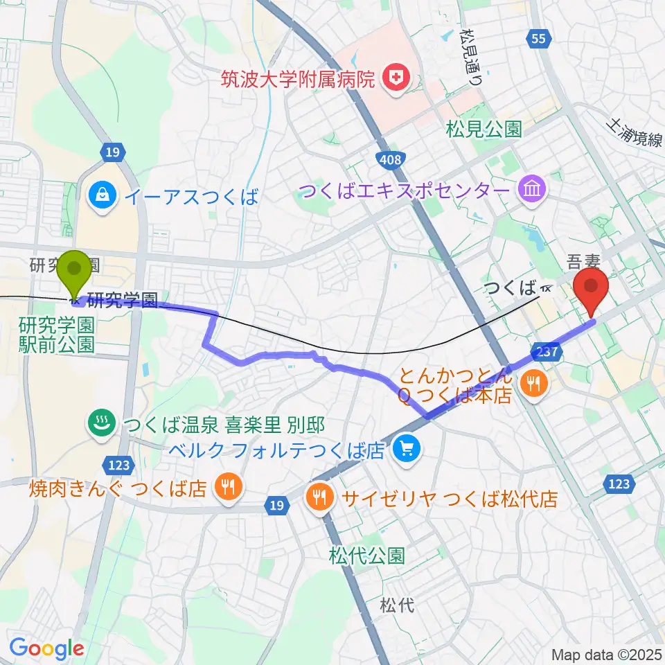 研究学園駅からノバホールへのルートマップ地図