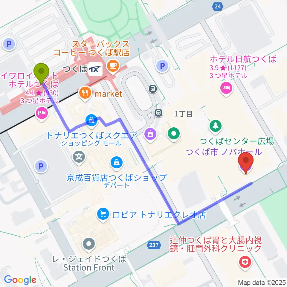 ノバホールの最寄駅つくば駅からの徒歩ルート（約6分）地図